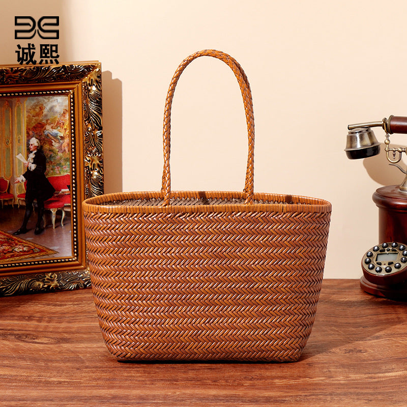 ins新款菜篮手提包休闲百搭手工编织托特包大容量牛皮单肩腋下包