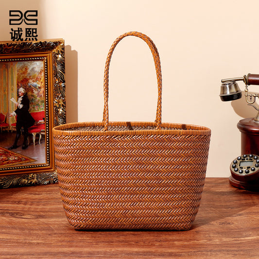 ins新款菜篮手提包休闲百搭手工编织托特包大容量牛皮单肩腋下包