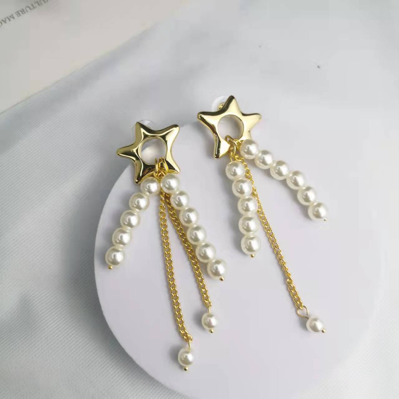 CELI21新款法式五角星珍珠流苏耳钉女高级感气质不对称耳环