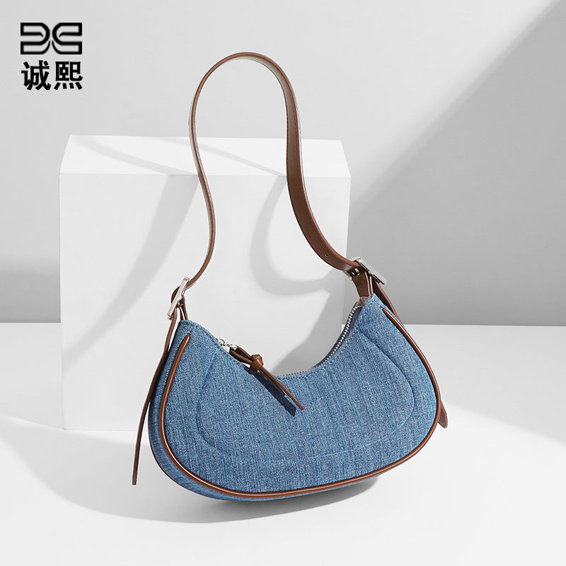 跨境欧美外单批发女包包复古高级质感撞色牛仔布单肩月牙包腋下包