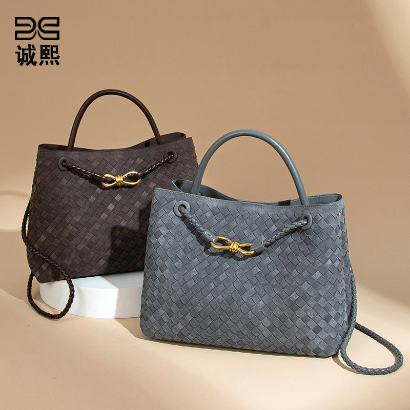 2025新款大容量手提托特包手工编织女包质感磨砂麂皮绒单肩斜跨包