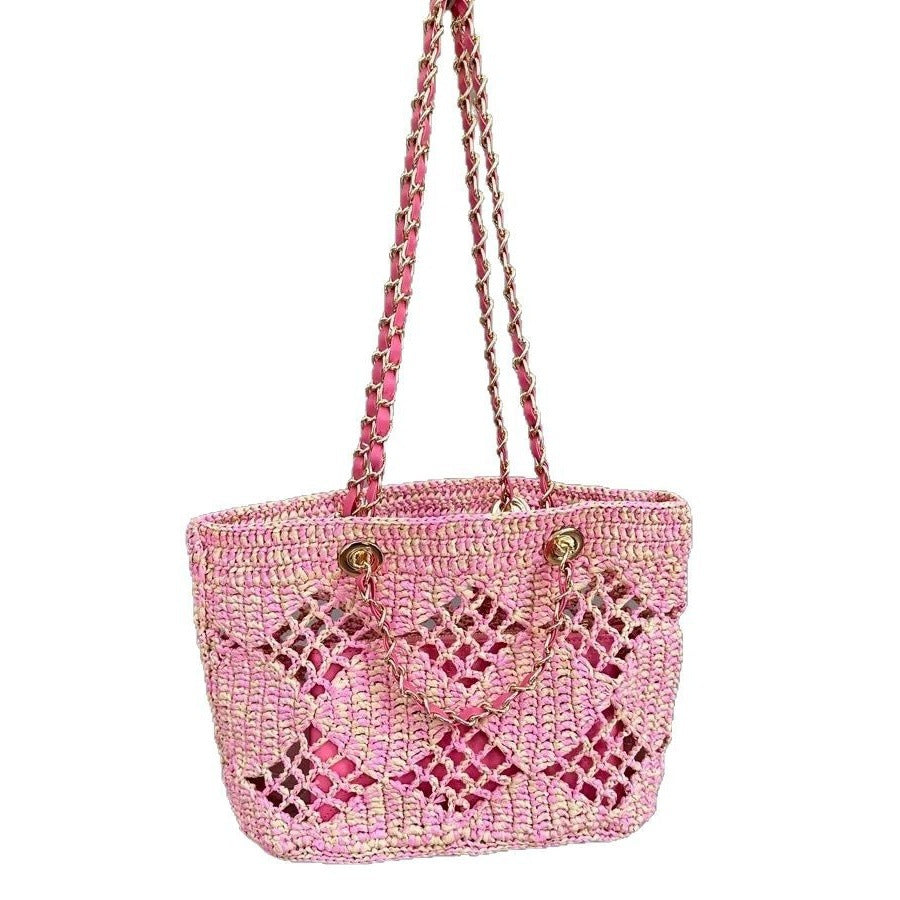 网格拉菲草编织包夏日多巴胺海边沙滩包森系菱格镂空包链条托特包