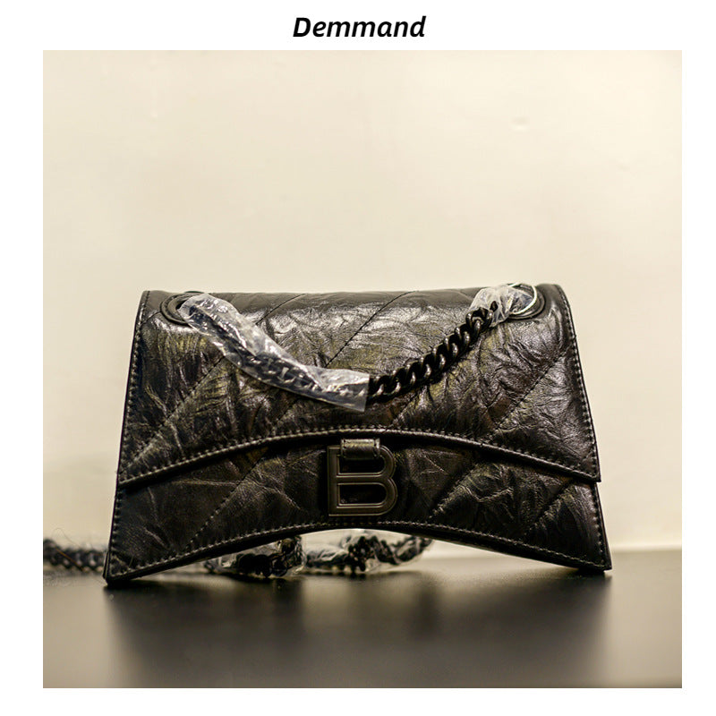 头层牛皮沙漏包2022秋冬新款褶皱菱格链条包b家单肩斜挎女通勤