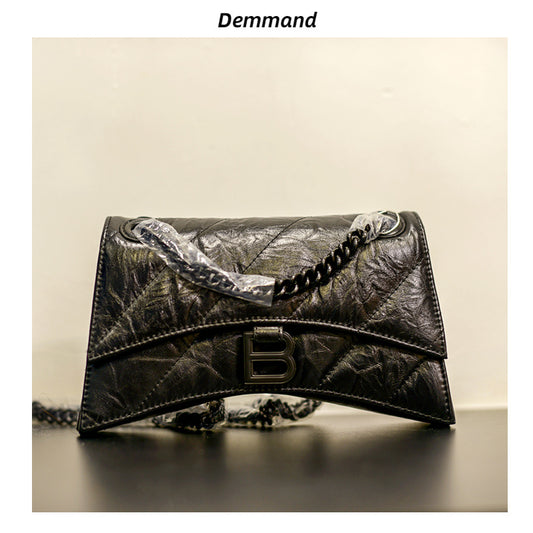 头层牛皮沙漏包2022秋冬新款褶皱菱格链条包b家单肩斜挎女通勤