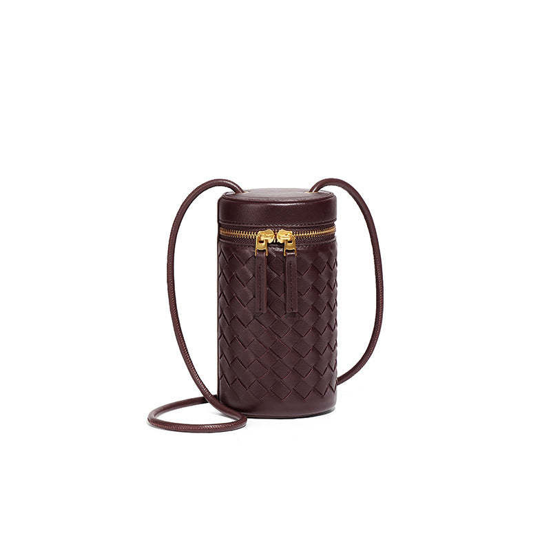 时尚简约纯色圆筒包新款百搭手工编织包包迷你可爱单肩斜挎手机包