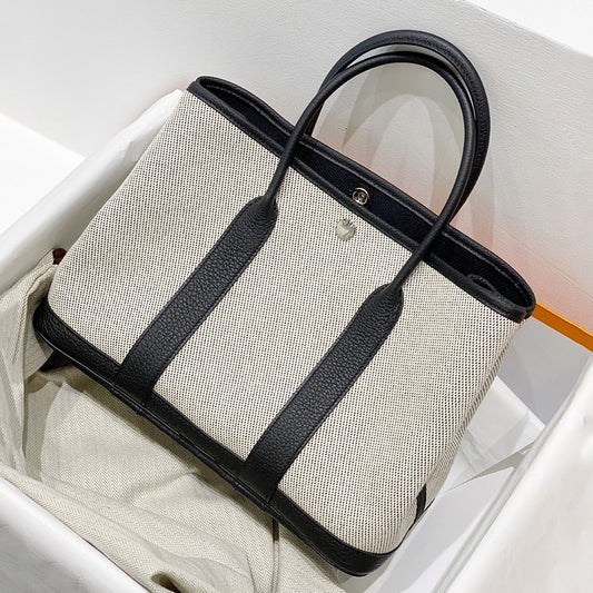 文艺范 花园帆布配TOGO头层牛皮女包手提包大容量撞色单肩托特包