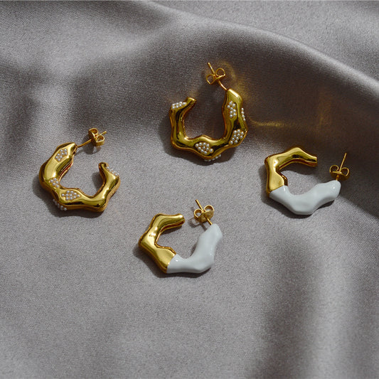 CELI赛家不规则波浪形耳环微镶珍珠粒耳坠耳钉女撞色耳饰镀真金