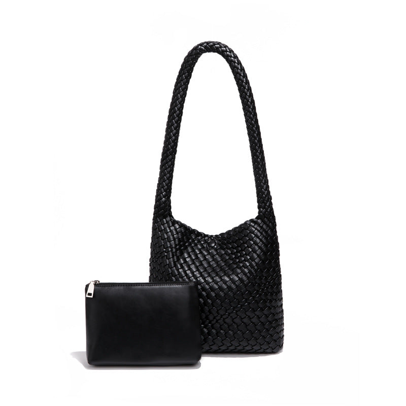 欧美风潮流单肩托特包时尚简约手工编织包包软皮大容量子母腋下包