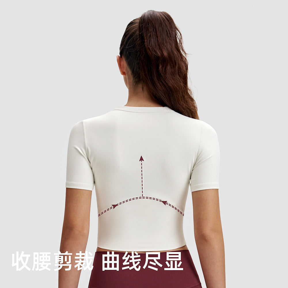 修身瑜伽T恤女lulu短款下摆扭结短袖高弹力露脐运动衫健身服上衣