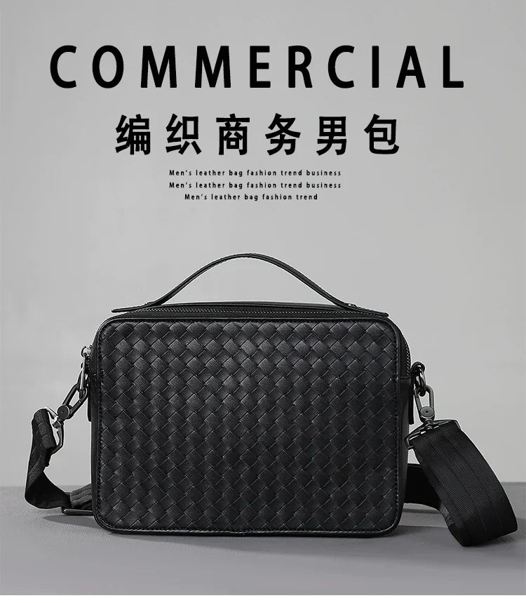 X&BV男士手提包真皮休闲时尚双拉链编织男包单肩斜挎包商务公文包