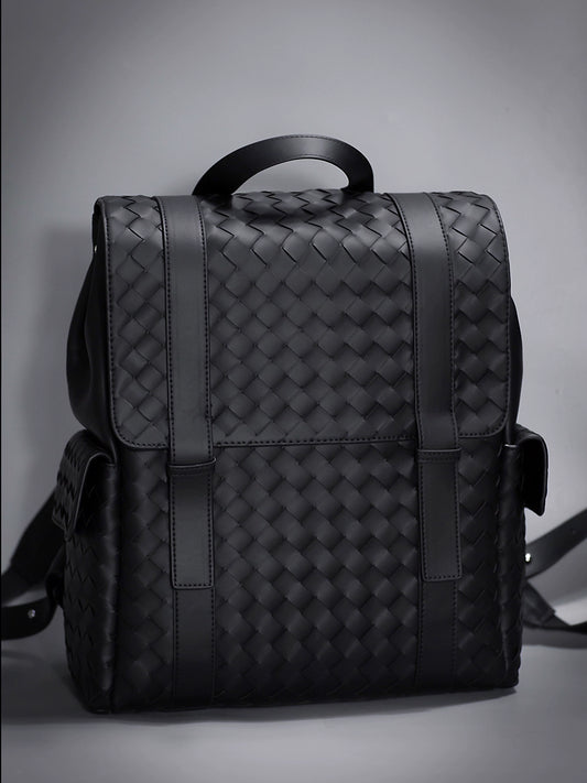 X&BV真皮双肩包男编织休闲时尚背包牛皮大容量新款男士书包电脑包