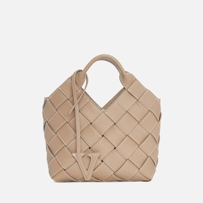 欧美时尚 轻奢高级质感牛皮菜篮子编织包单肩手提包女一件代发