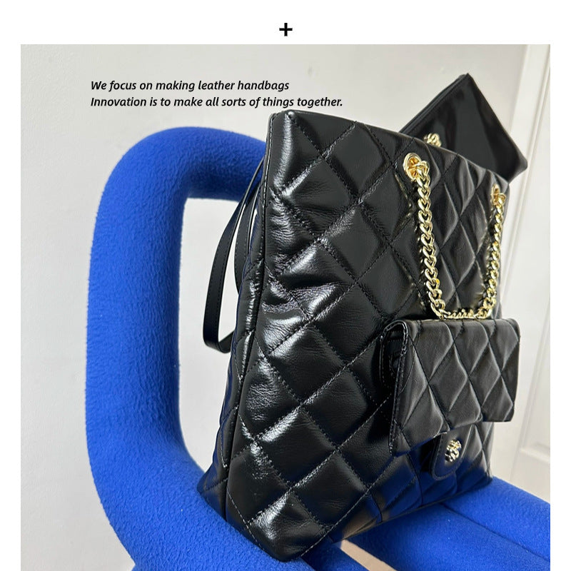 2023新款中古款小香风大容量竖款托特购物袋真皮单肩包包女