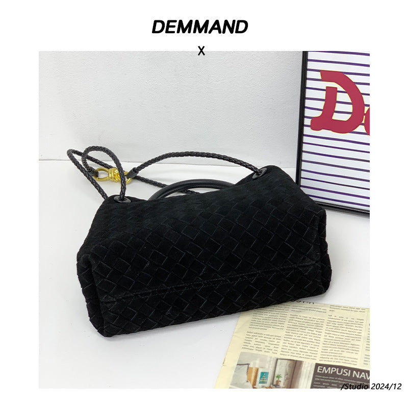 2024新款麂皮绒高级编织蝴蝶结金属绳扣手提斜挎单肩腋下工厂直销