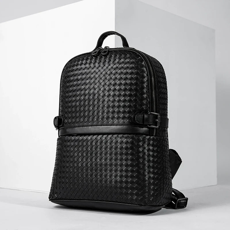 X&BV男士双肩包真皮大容量商务休闲旅行电脑背包编织男包时尚书包