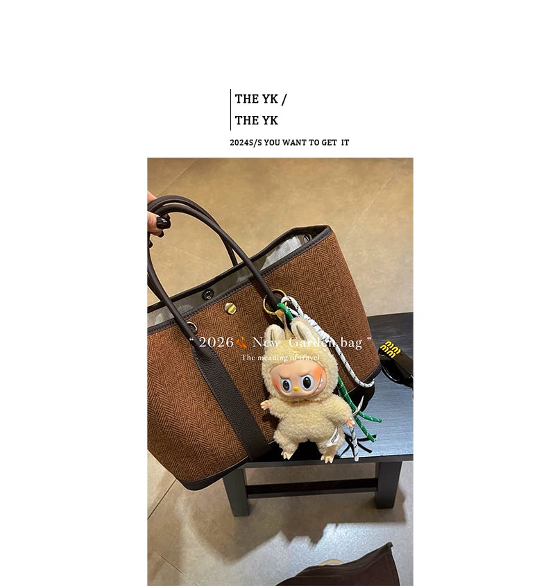 秋冬复古花园包姜饼焦糖女手提托特包大容量毛呢购物包单肩斜挎包