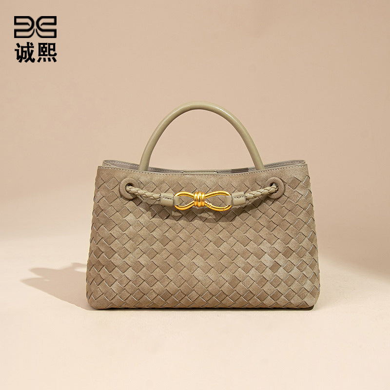 跨境新款手工编织包包横款磨砂麂皮绒手提女包复古潮流单肩斜跨包