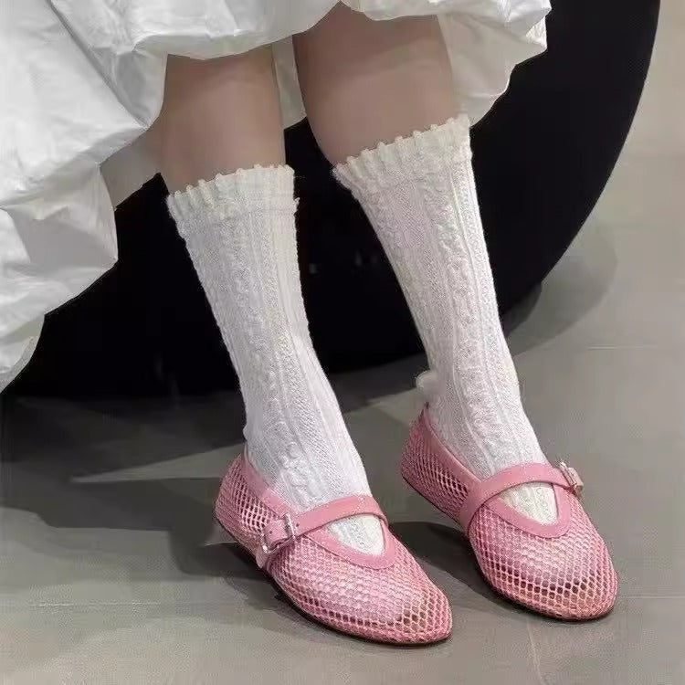 现货~真皮镂空网面凉鞋女夏季一字扣带圆头平底浅口玛丽珍单鞋