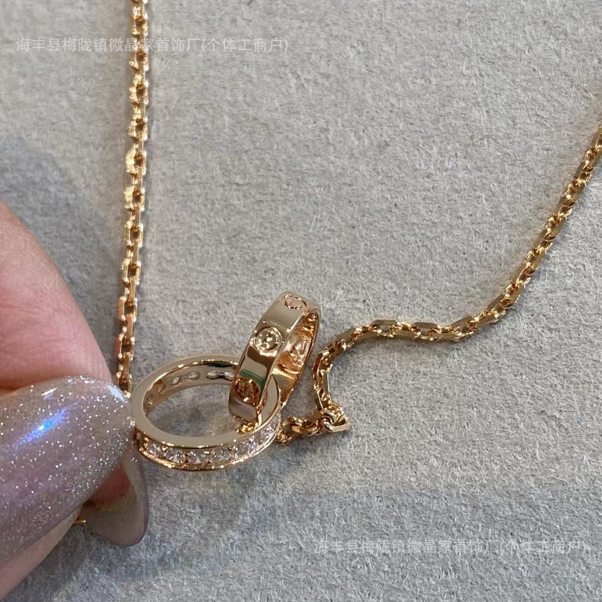 卡家高版本双环带钻项链S925银镀18K玫瑰金项链CNC精工厂家直销