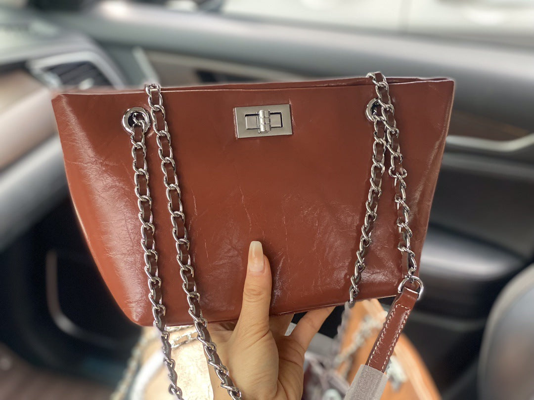 新款爆裂纹头层牛皮小香风链条女包杨树林流浪包单肩斜挎包女潮包