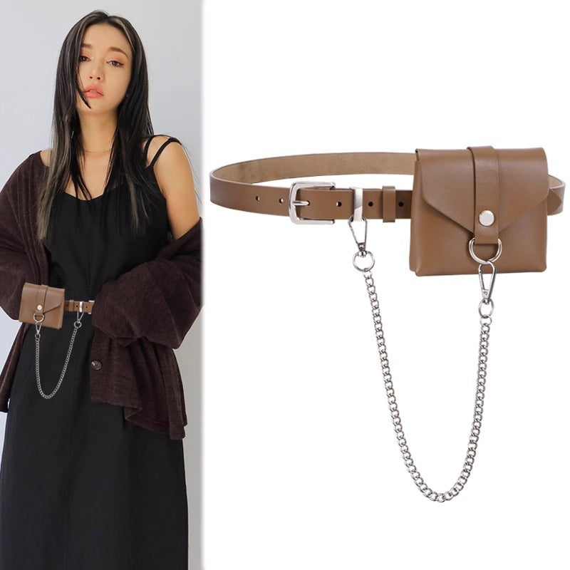 腰包腰带女高级感链条真皮装饰大衣配连衣裙子西装朋克小皮带黑色