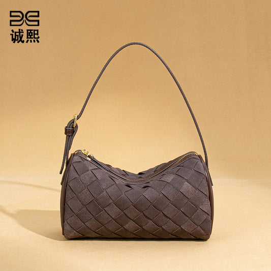 工厂批发磨砂新款手提包麂皮绒潮流单肩腋下包手工编织斜跨枕头包