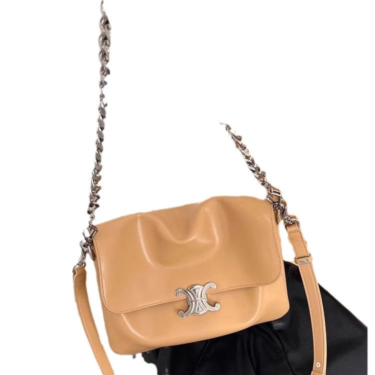 新款凯旋门软皮翻盖公文包单肩斜挎真皮子母包链条斜挎包无痕代发