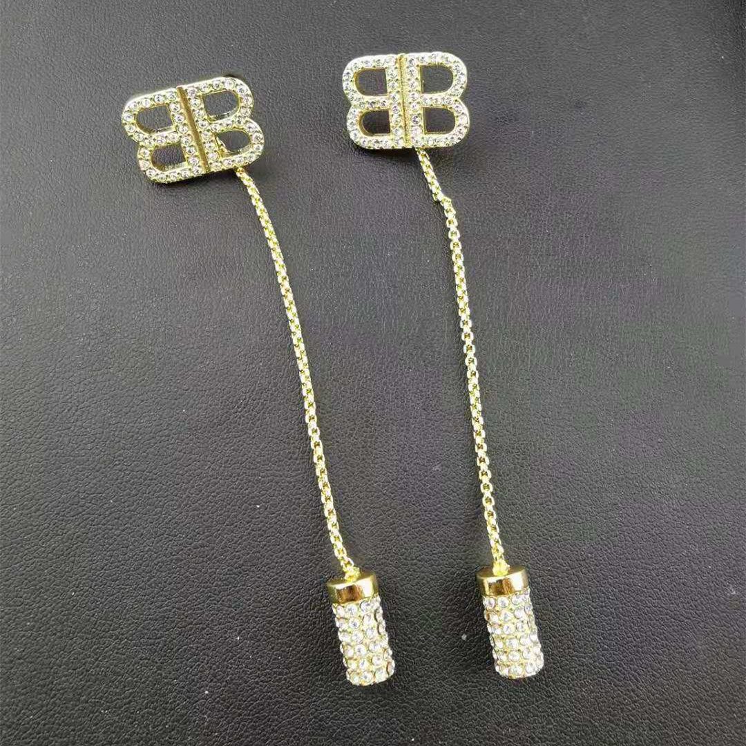 巴家新款闪钻BB字母耳环流苏长款耳坠气质耳钉耳饰女一款二戴耳线