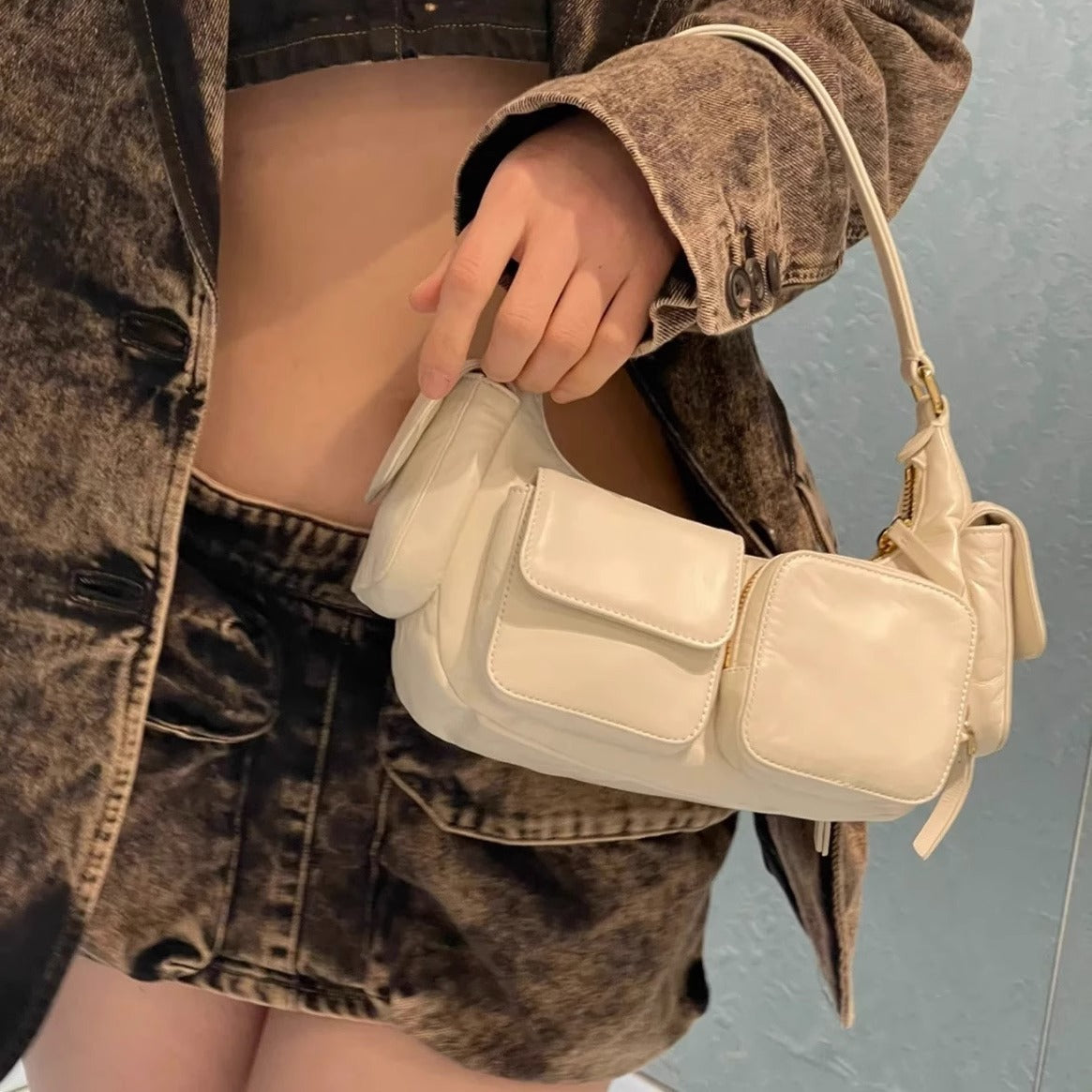 辣妹机车hobo羊皮cargo口袋腋下包复古百搭真皮法棍手提单肩女包