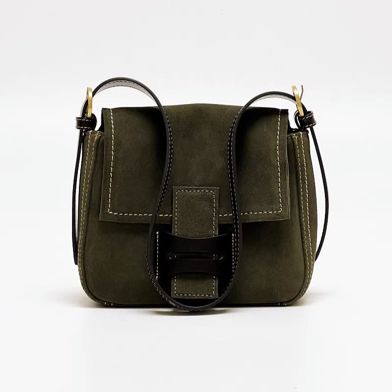 Get格纹头层马毛拼油蜡牛皮时髦又飒飒单肩女磨砂皮复古邮差包包