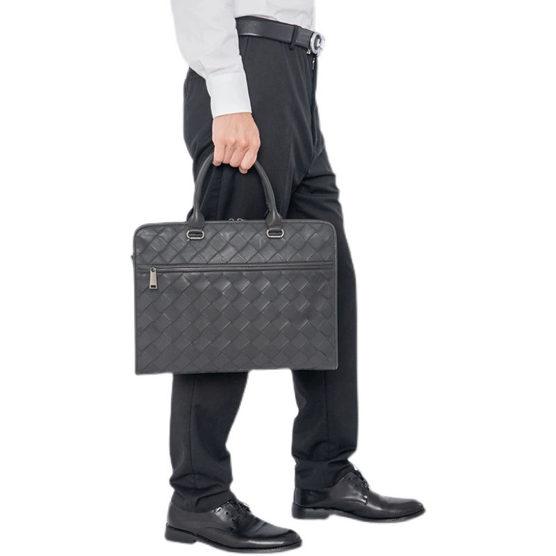 X&BV真皮男包商务包男士手提包大容量编织单肩包斜挎包男士公文包