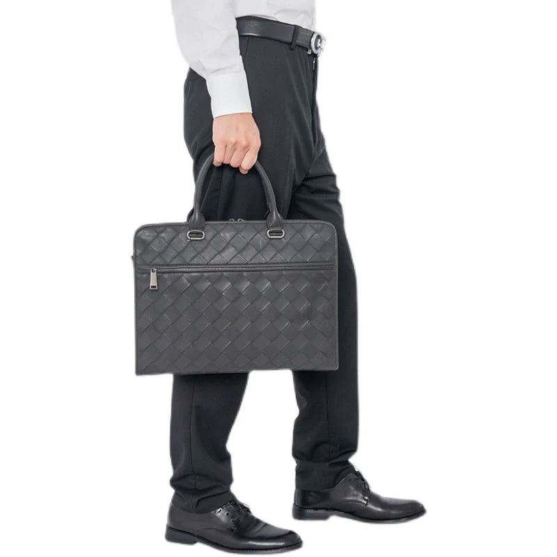 X&BV真皮男包商务包男士手提包大容量编织单肩包斜挎包男士公文包