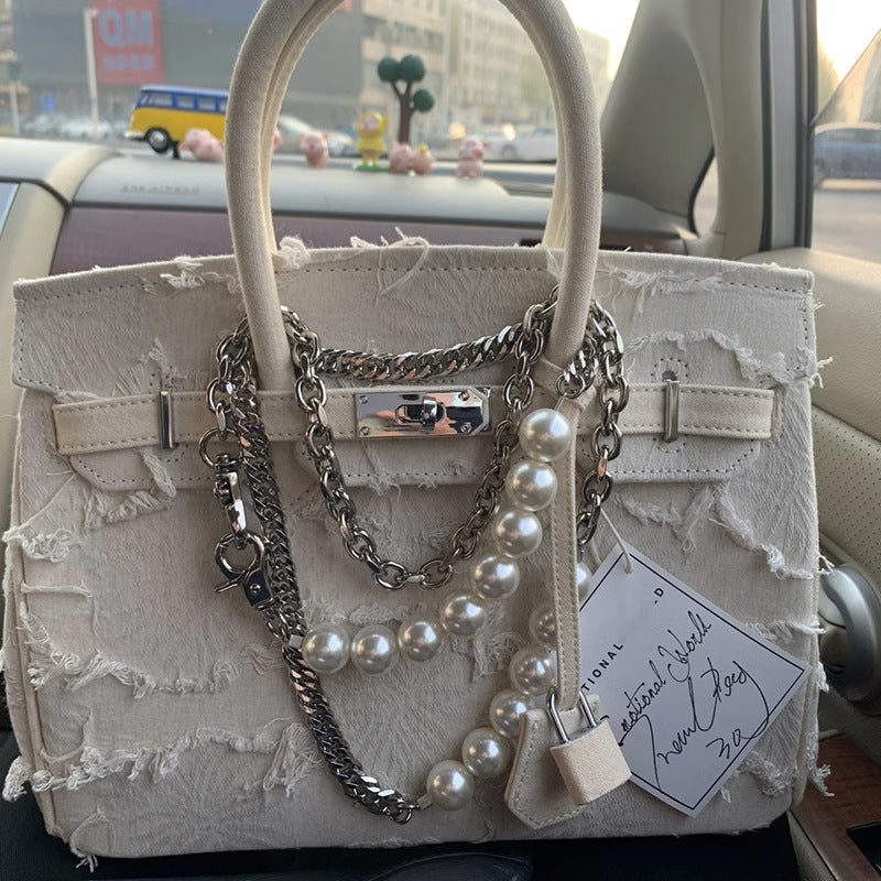 日韩潮包ins小众设计复古大容量链条串珠托特包牛仔布手提包包