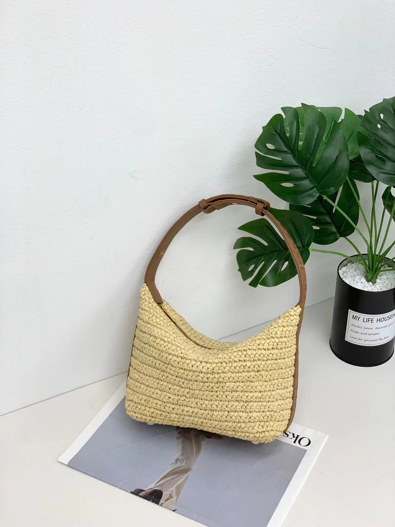 草编包饭盒包2024春夏新款包包女沙滩度假拉菲草手拎包单肩腋下包