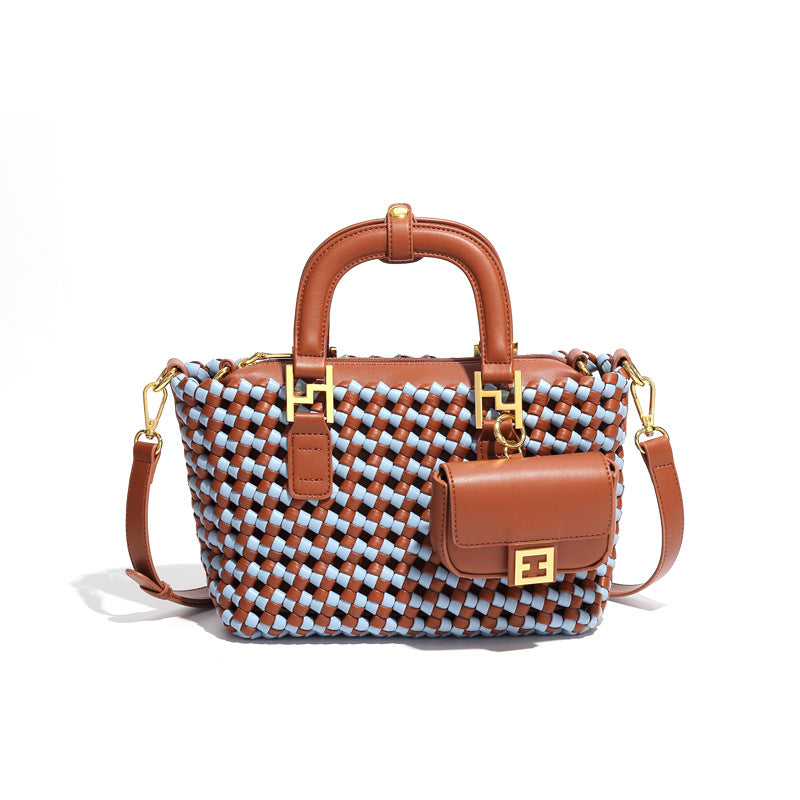 秋冬新款拼色手工编织包复古时尚单肩斜跨包休闲百搭三合一手提包