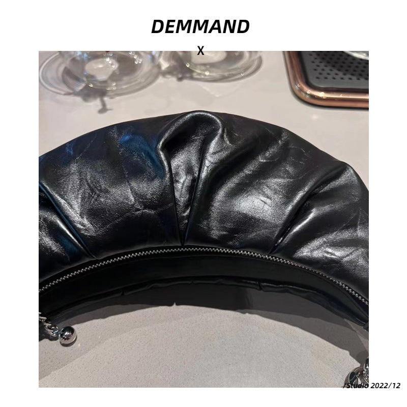 2023新款潮时尚褶皱马鞍包休闲链条单肩新月包百搭网红软皮斜挎包