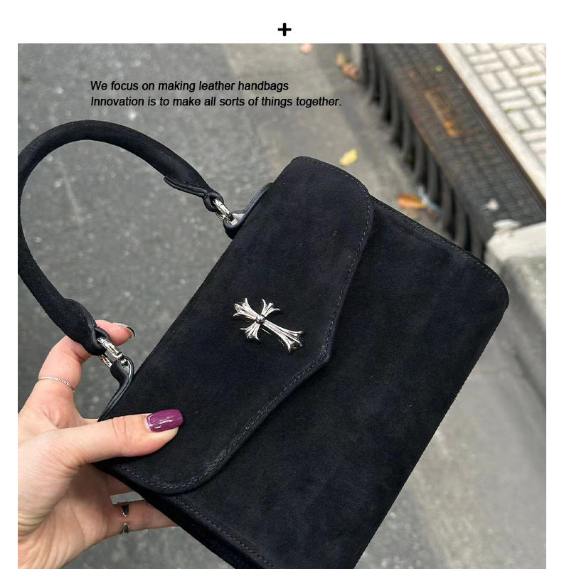 2024夏季新款小众十字架麂皮小方包牛皮手提斜挎包女时尚保龄球包