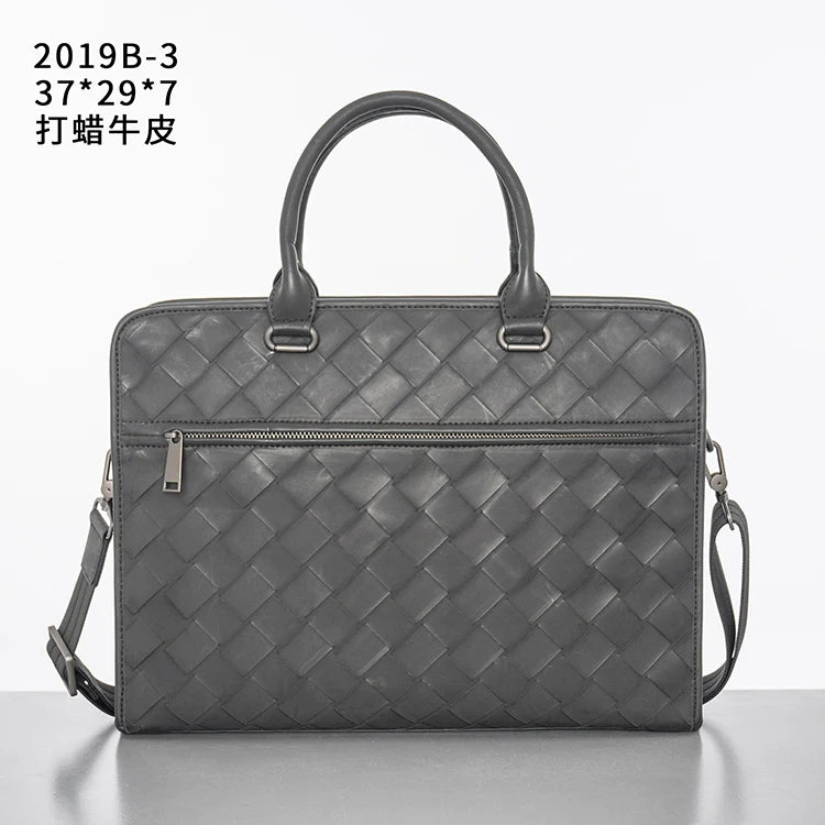 X&BV真皮男包商务包男士手提包大容量编织单肩包斜挎包男士公文包