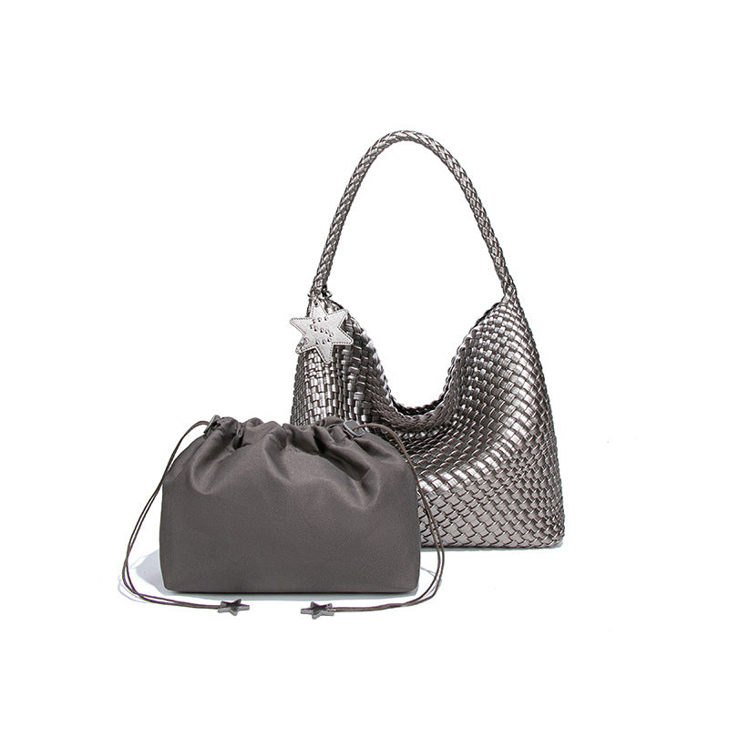 跨境新款拼色子母单肩托特女包大容量百搭腋下包全手工编织手提包