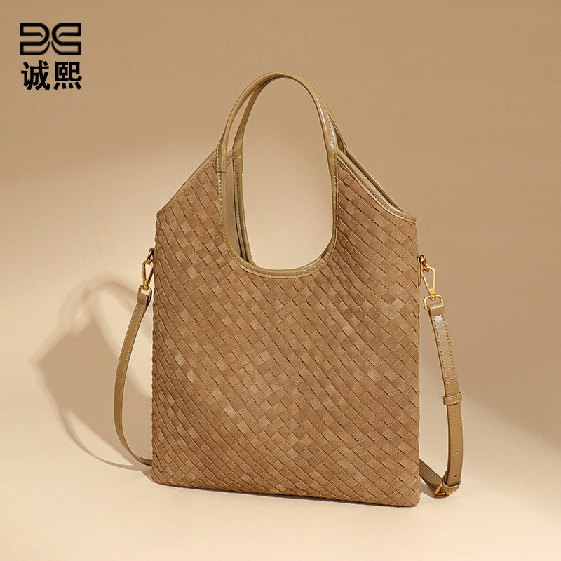 韩版时尚磨砂手提水桶包通勤大容量单肩腋下包新品麂皮绒托特女包