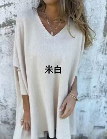 2024新款亚马逊独立站欧美秋冬季新款长袖针织V领宽松长款上衣女