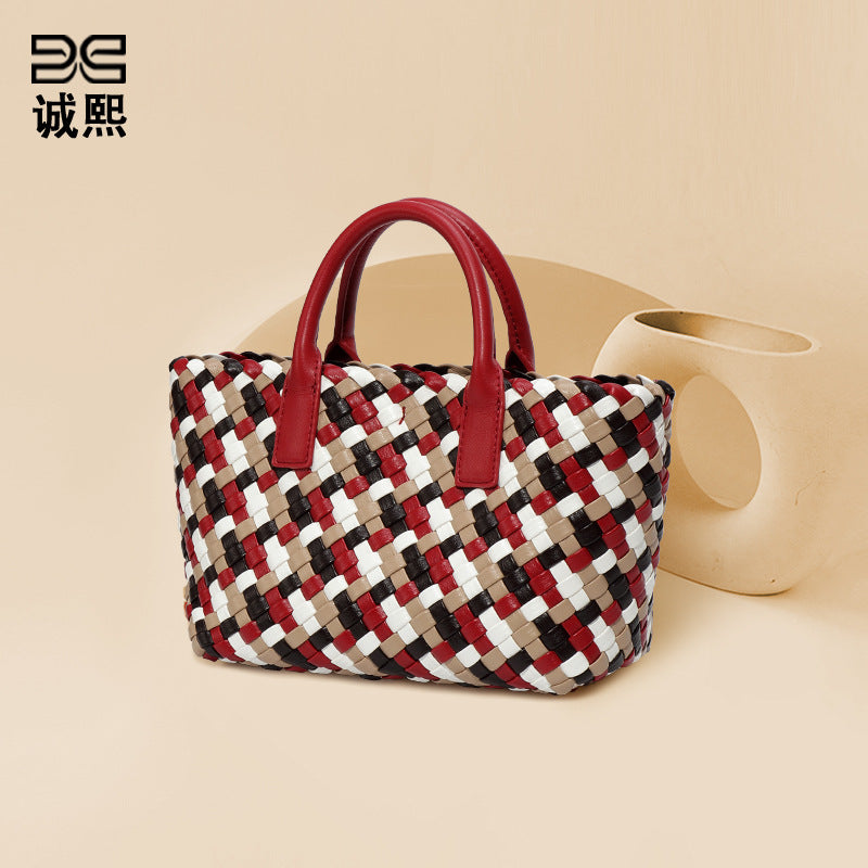 跨境2025新款撞色女士手提包时尚潮流手工编织包高级感单肩斜跨包