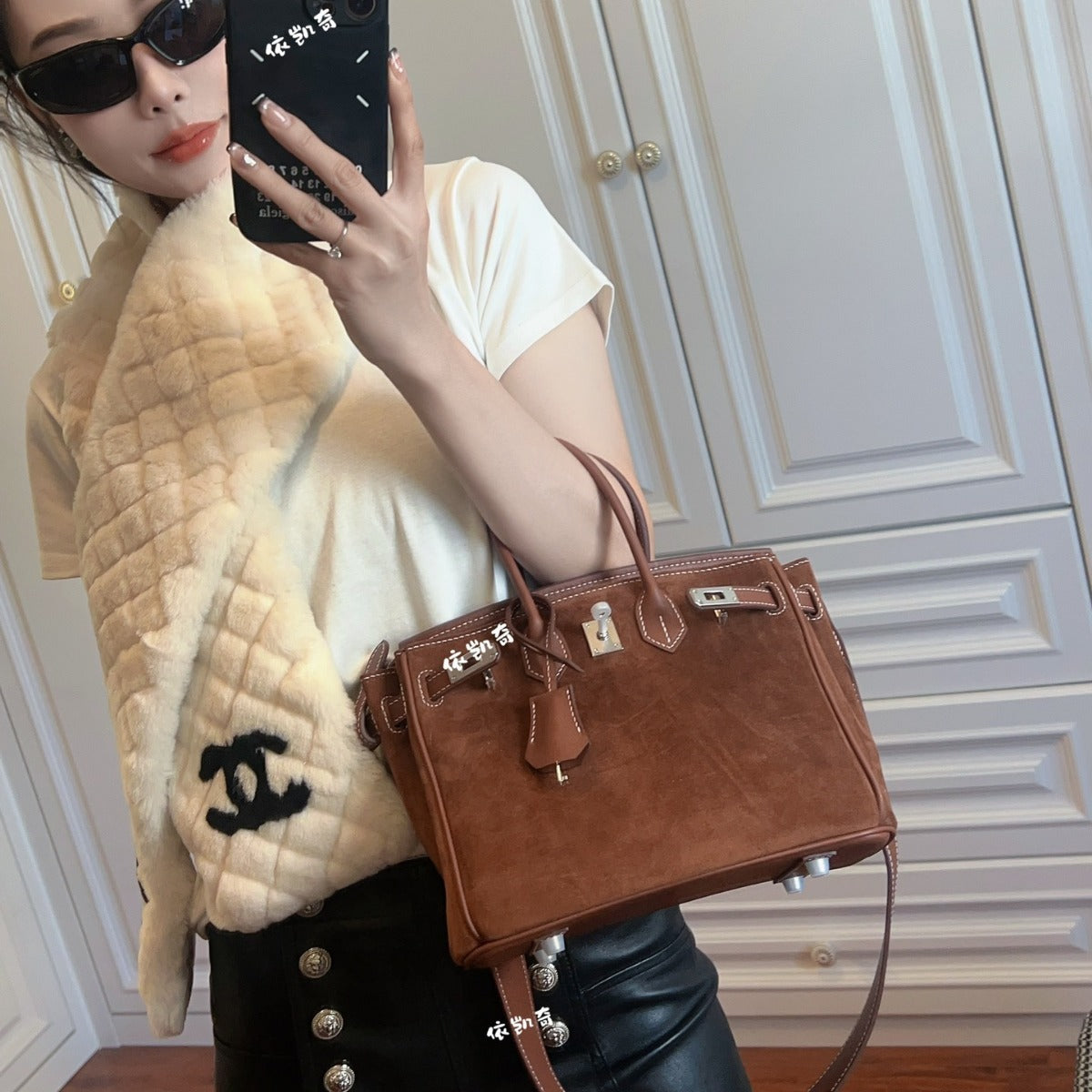 美拉德 铂金麂皮配牛皮包包女秋冬高级感手提包 潮百搭单肩斜挎包