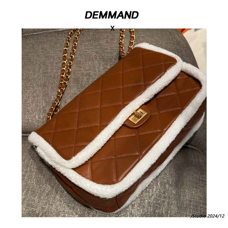 羊羔毛磨砂皮包2024秋冬新款时尚毛绒单肩包真皮锁扣托特包手提包