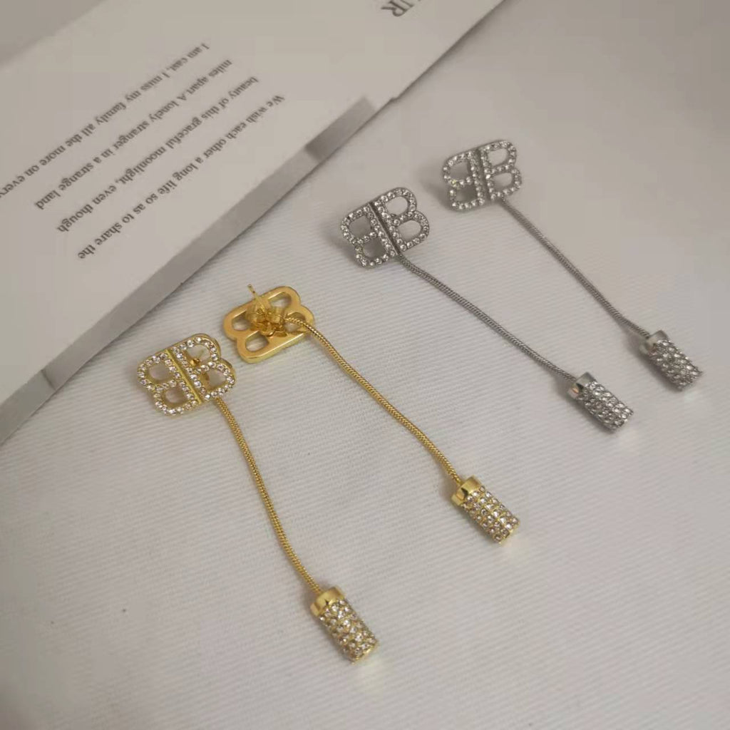 B家21新款双B满钻耳线女高级感气质INS风水钻耳钉超闪长款耳环