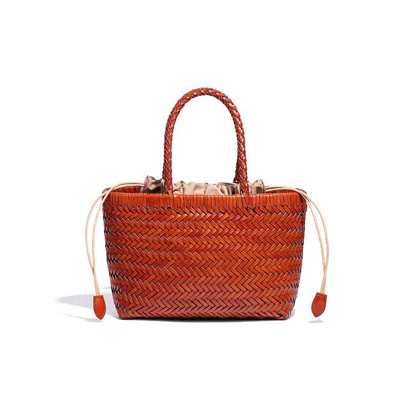 厂家小众设计菜篮子真皮手拎包复古手工编织包单肩斜挎子母编藤包