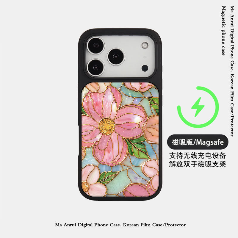 外贸跨境花朵适用苹果16pro晶瓷手机壳iPhone17亚克力PC磨砂防摔