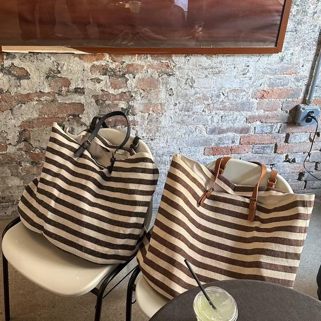 网红同款包包女士2024新款大容量条纹棉麻牛皮单肩托特包手提大包