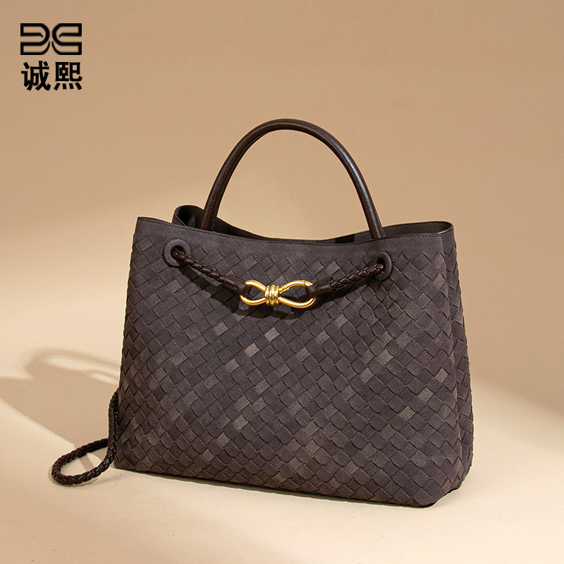 2025新款大容量手提托特包手工编织女包质感磨砂麂皮绒单肩斜跨包