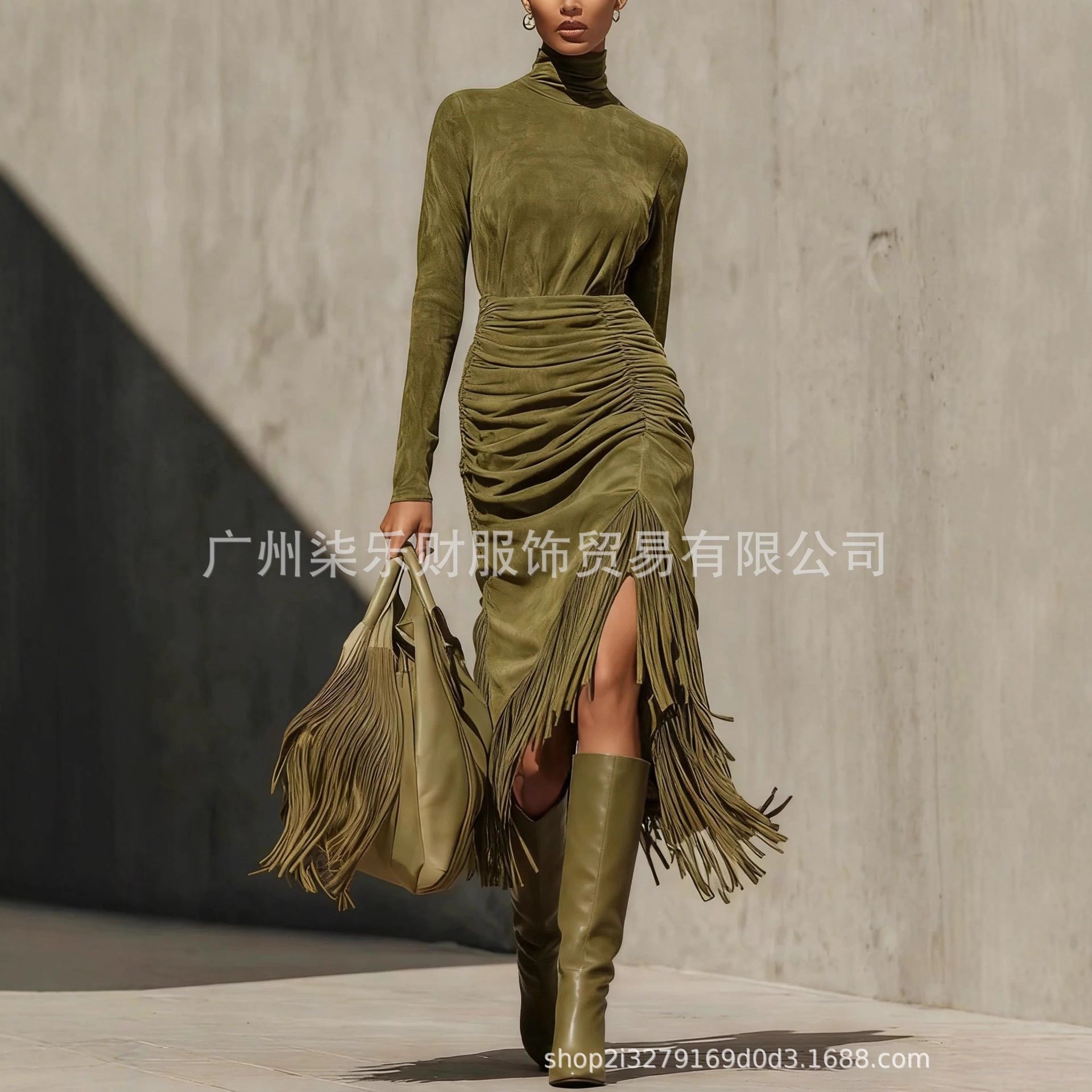 亚马逊爆款欧美跨境2025西部牛仔风麂皮流苏开叉褶皱修身连衣裙女